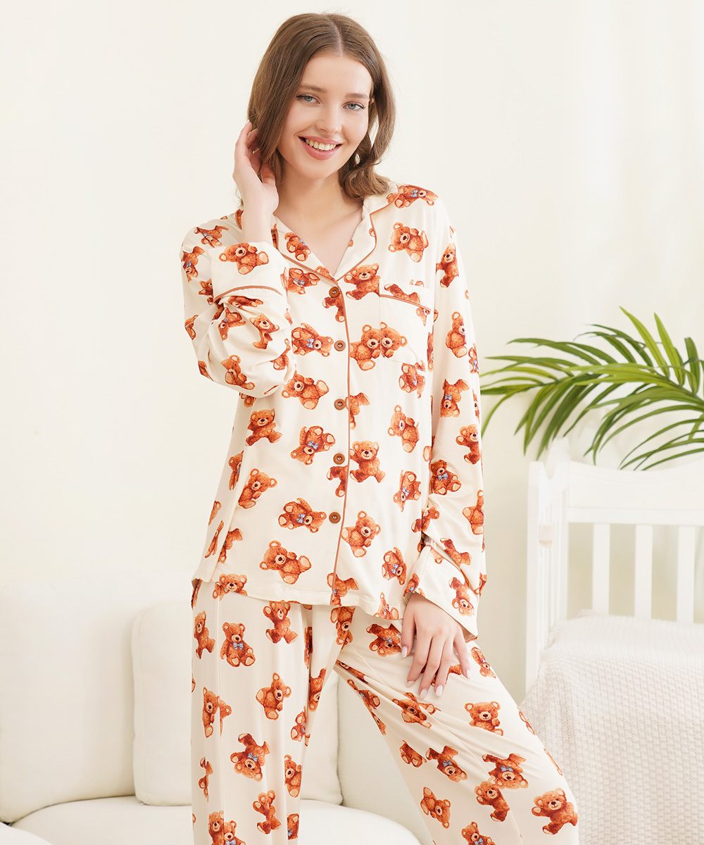 Womens Bamboo Notch Collar Button Down  Pajama Sets 