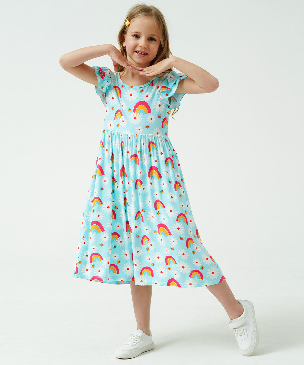 Girls Ruffle Cap Sleeve Casual Midi Bamboo Dress with Shorts