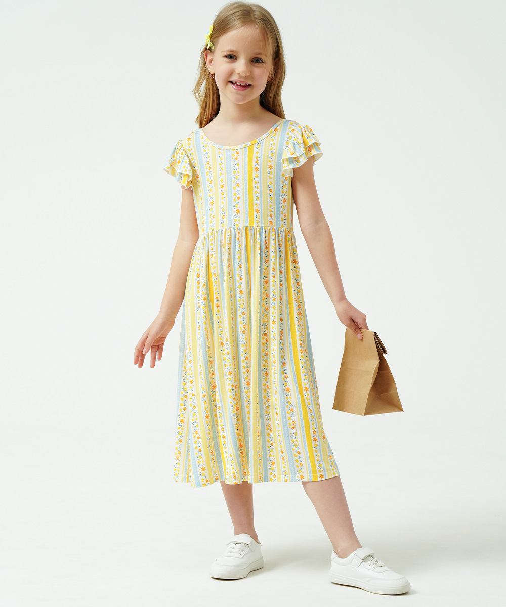 Girls Ruffle Cap Sleeve Casual Midi Bamboo Dress with Shorts