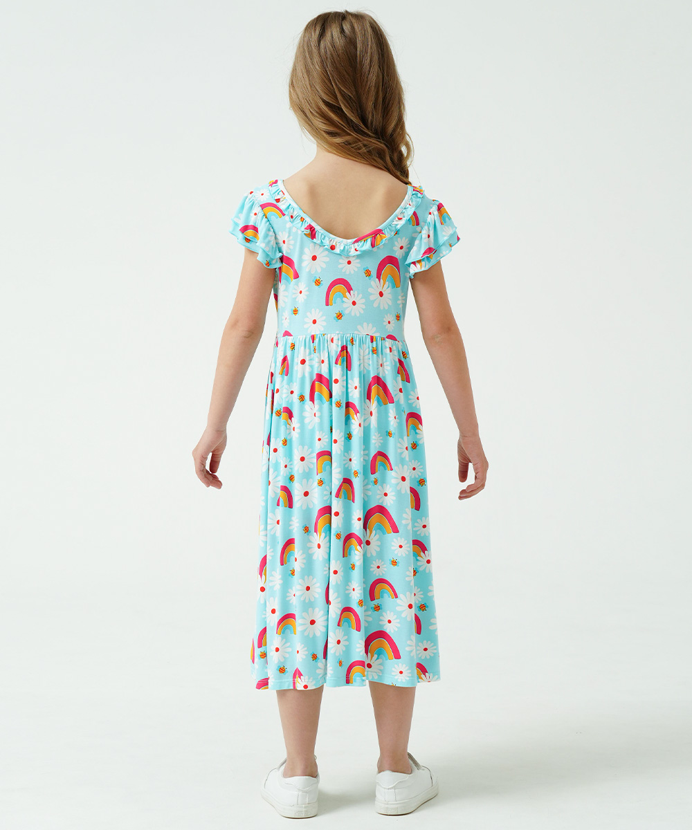 Girls Ruffle Cap Sleeve Casual Midi Bamboo Dress with Shorts