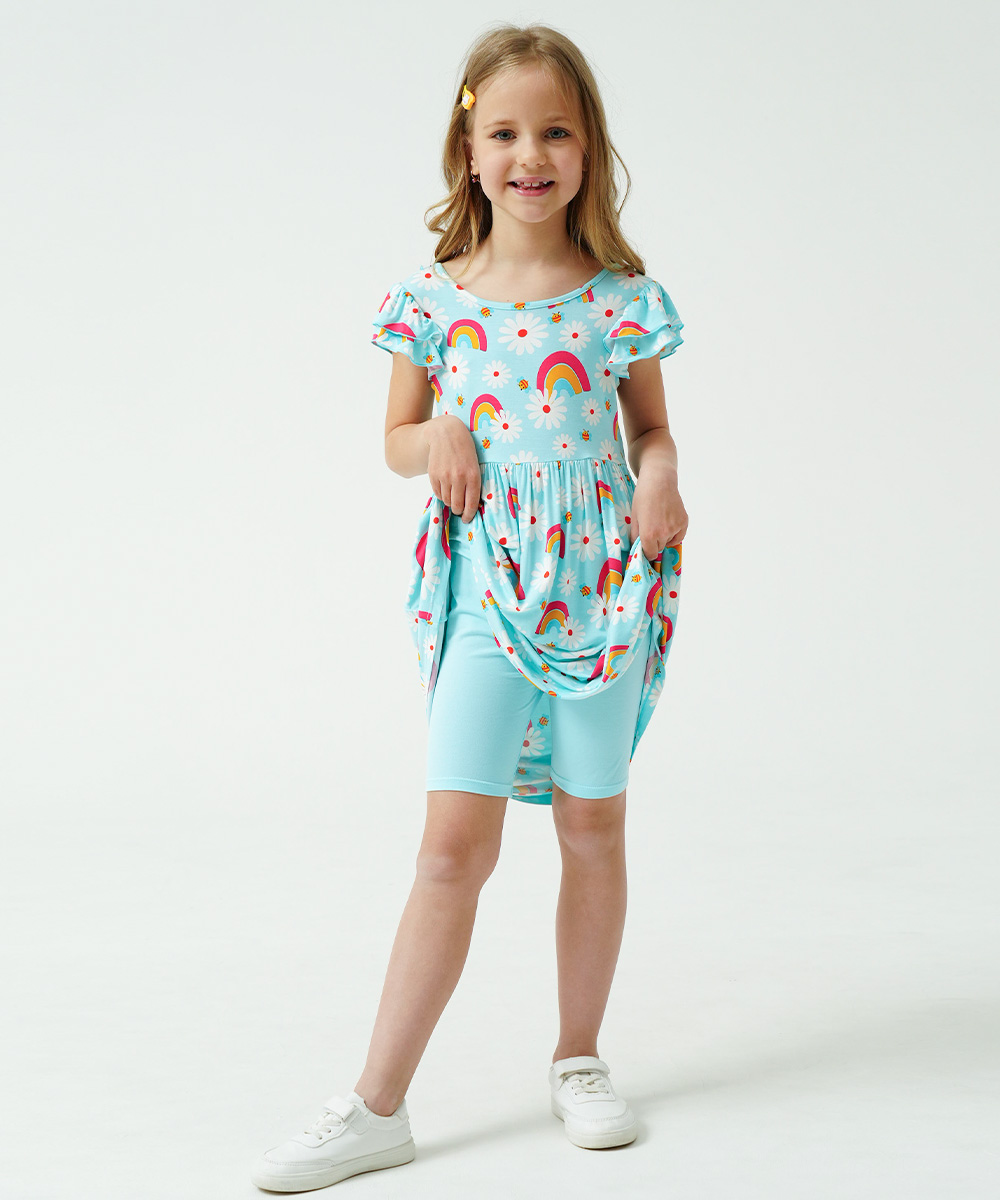 Girls Ruffle Cap Sleeve Casual Midi Bamboo Dress with Shorts