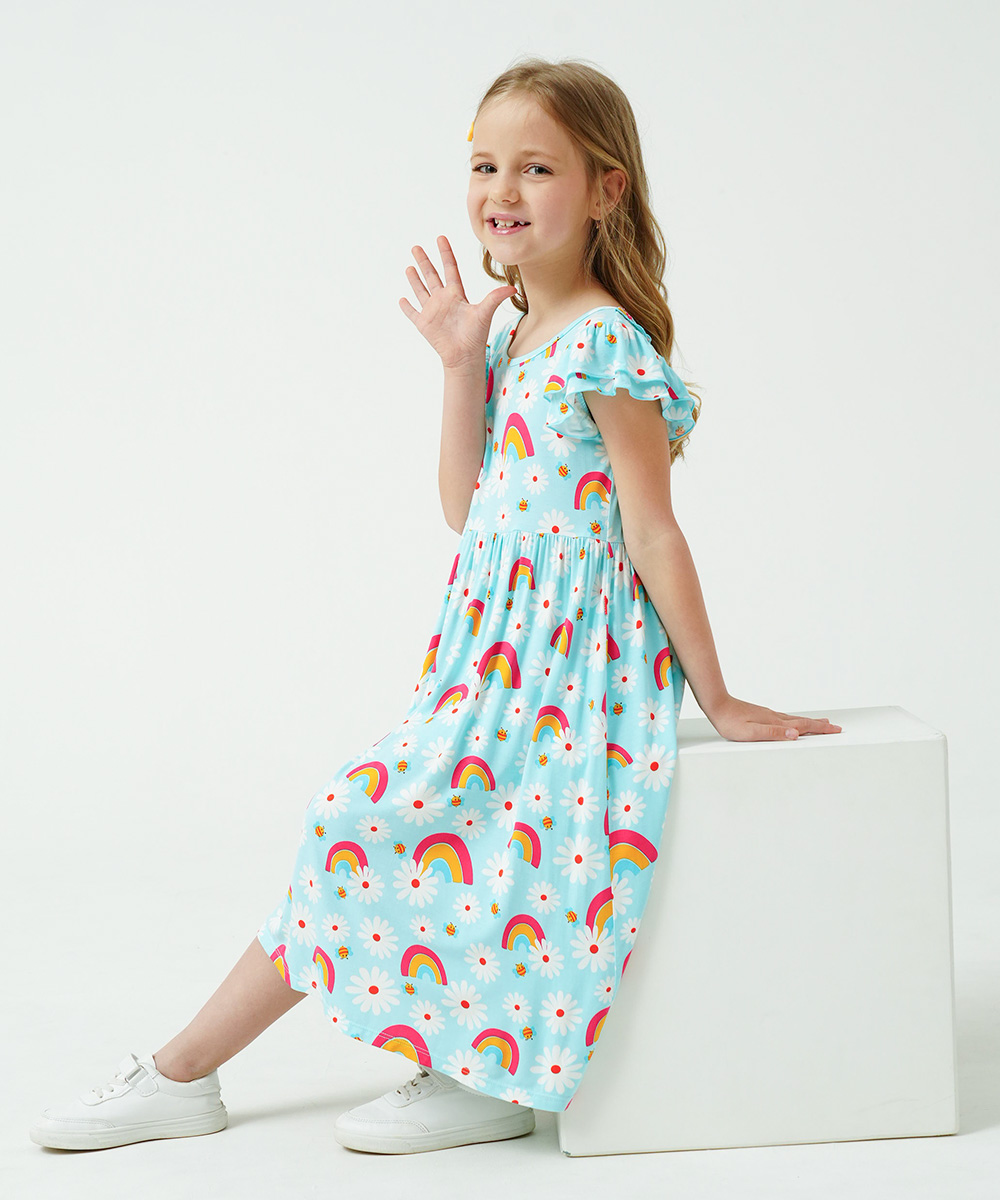 Girls Ruffle Cap Sleeve Casual Midi Bamboo Dress with Shorts