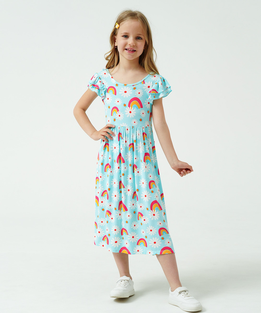 Girls Ruffle Cap Sleeve Casual Midi Bamboo Dress with Shorts