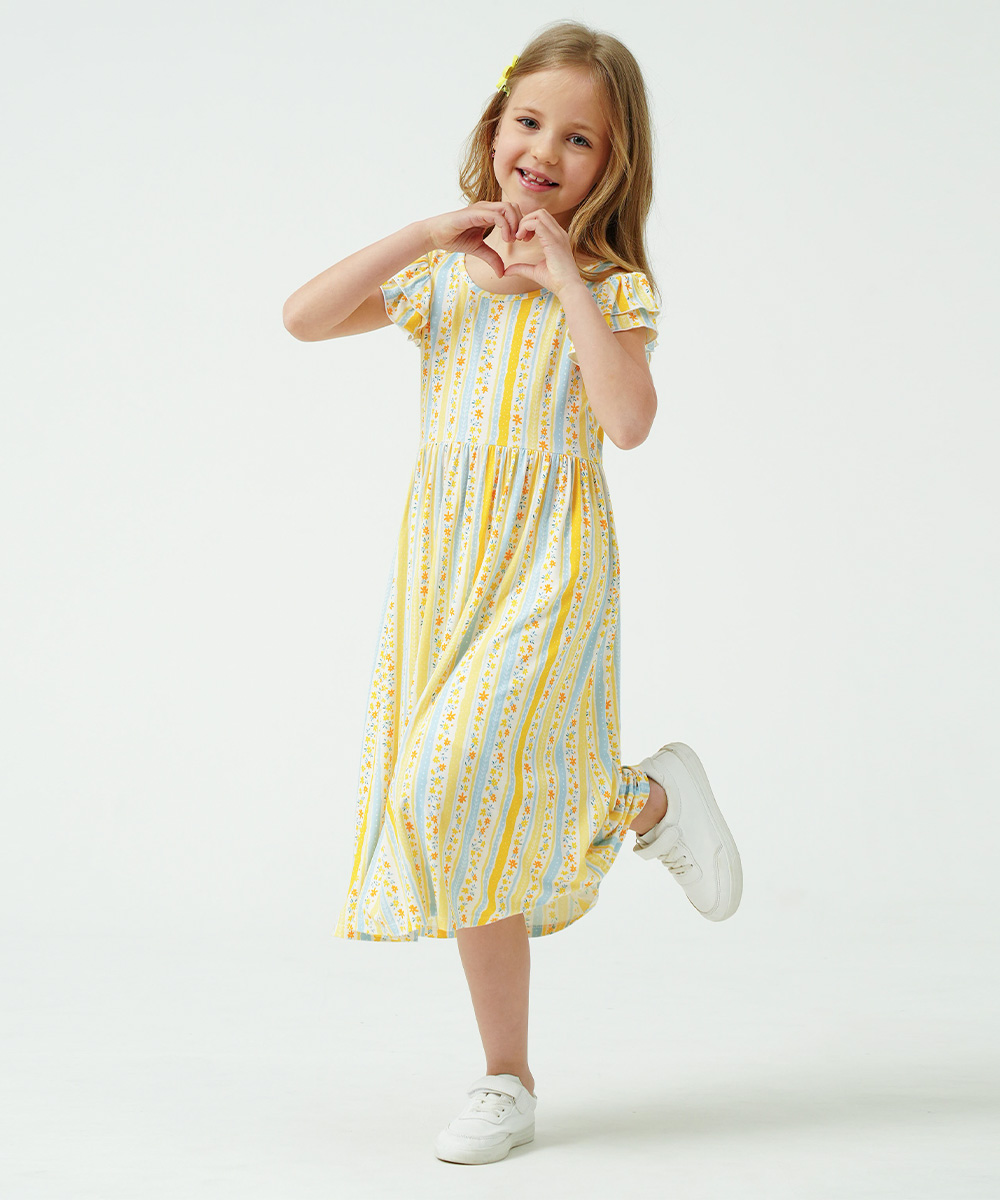 Girls Ruffle Cap Sleeve Casual Midi Bamboo Dress with Shorts