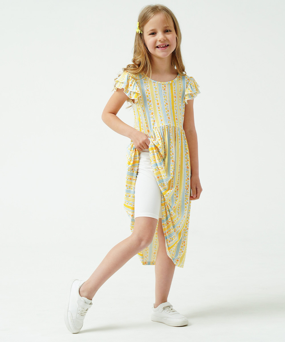 Girls Ruffle Cap Sleeve Casual Midi Bamboo Dress with Shorts