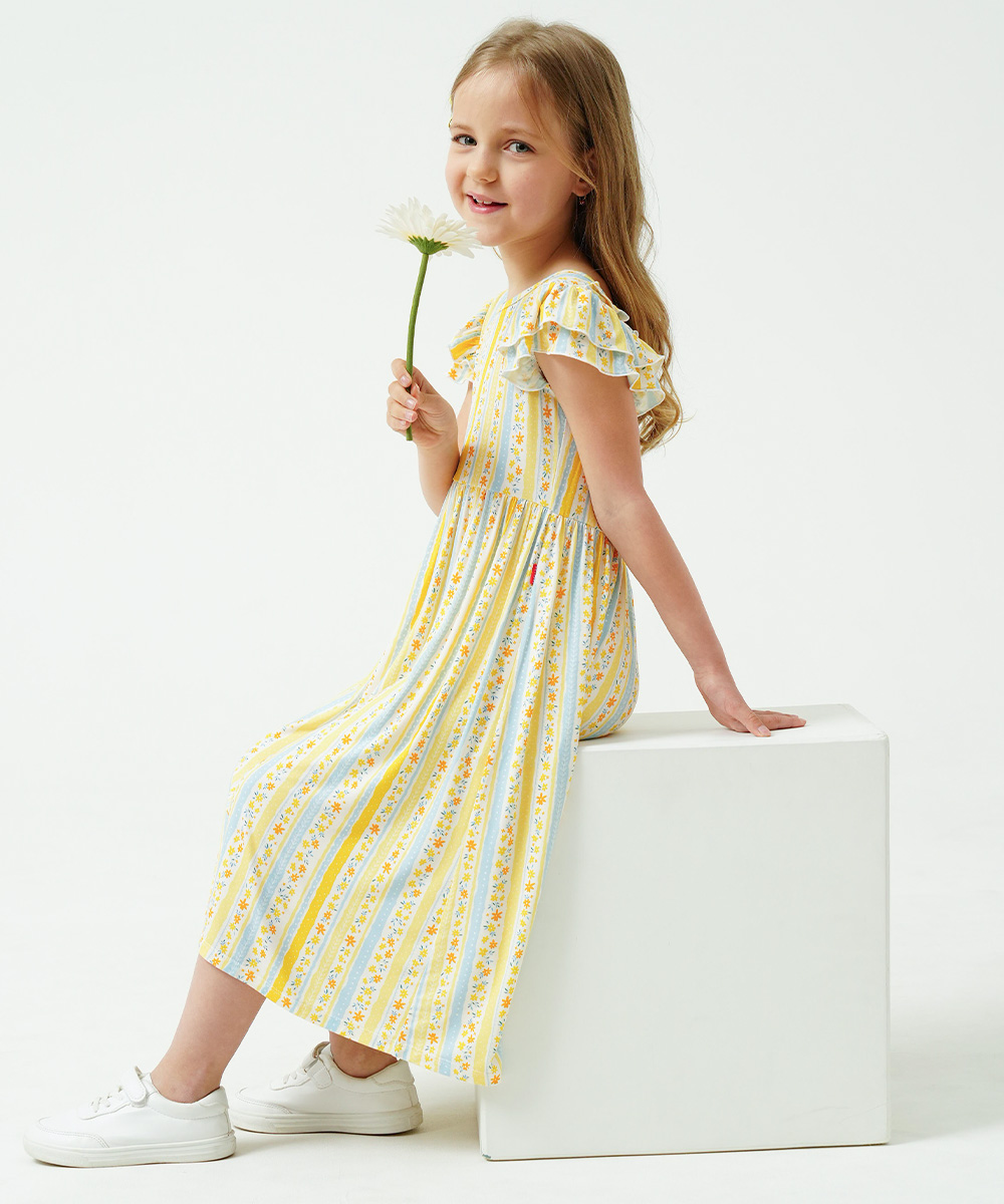 Girls Ruffle Cap Sleeve Casual Midi Bamboo Dress with Shorts