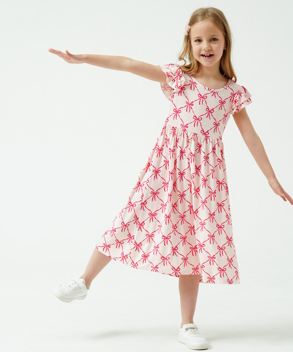 Girls Ruffle Cap Sleeve Casual Midi Bamboo Dress with Shorts