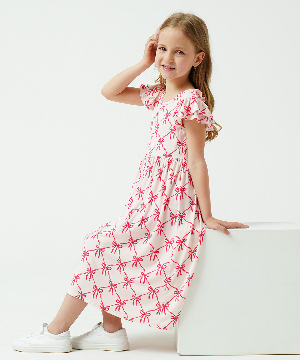 Girls Ruffle Cap Sleeve Casual Midi Bamboo Dress with Shorts