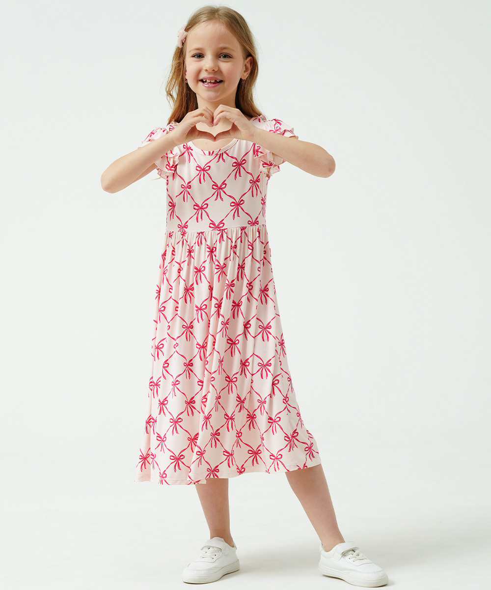 Girls Ruffle Cap Sleeve Casual Midi Bamboo Dress with Shorts