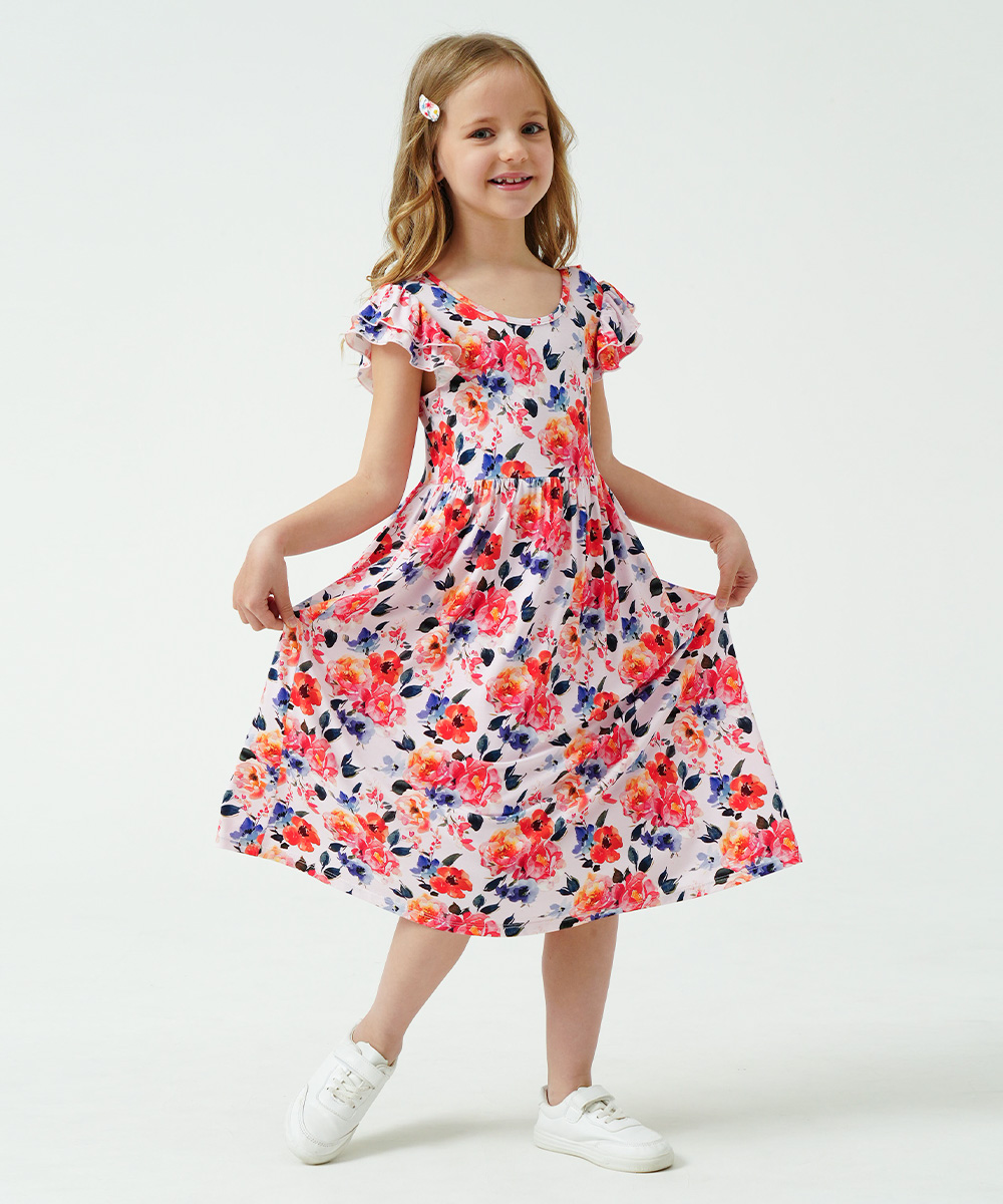 Girls Ruffle Cap Sleeve Casual Midi Bamboo Dress with Shorts