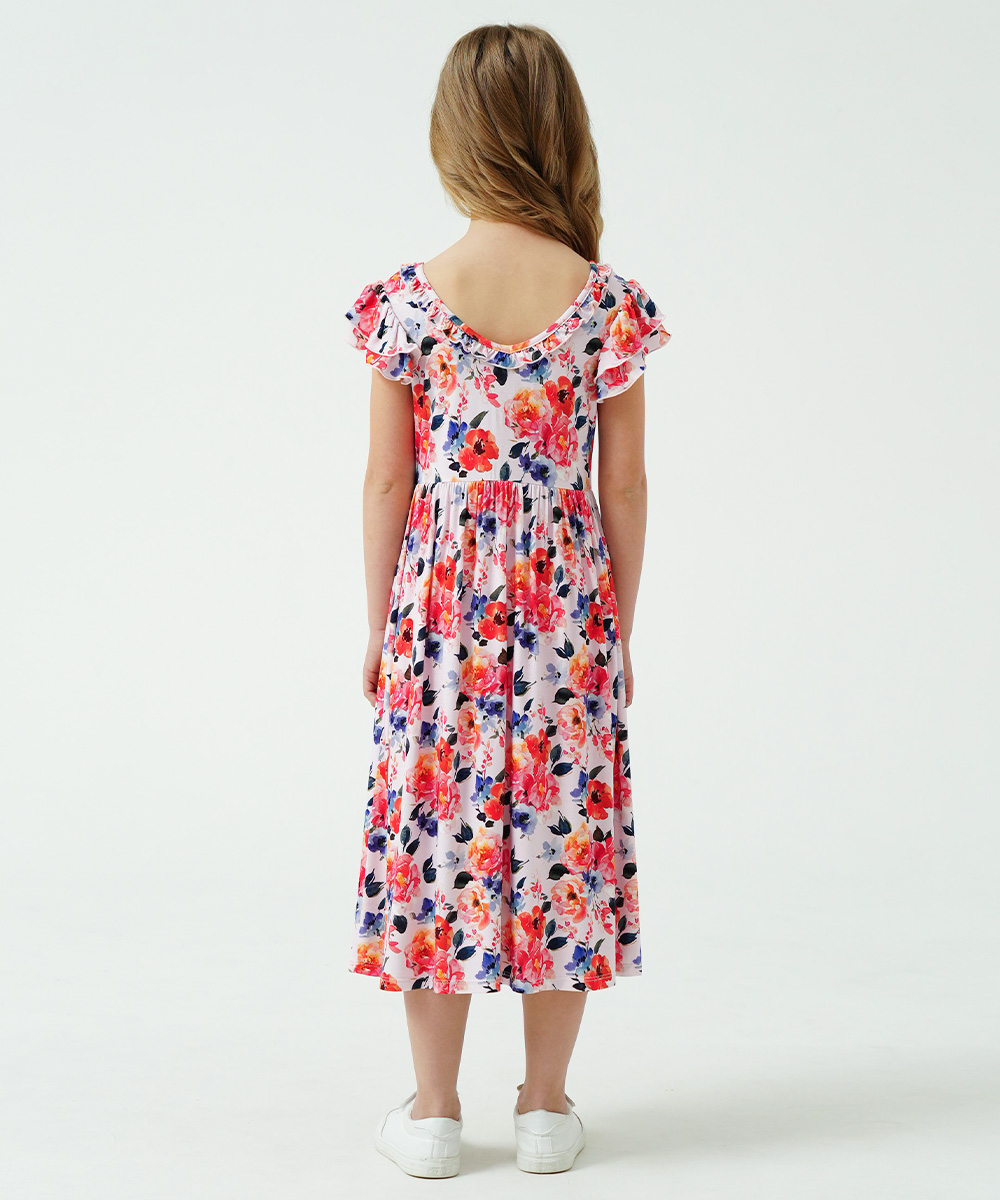 Girls Ruffle Cap Sleeve Casual Midi Bamboo Dress with Shorts