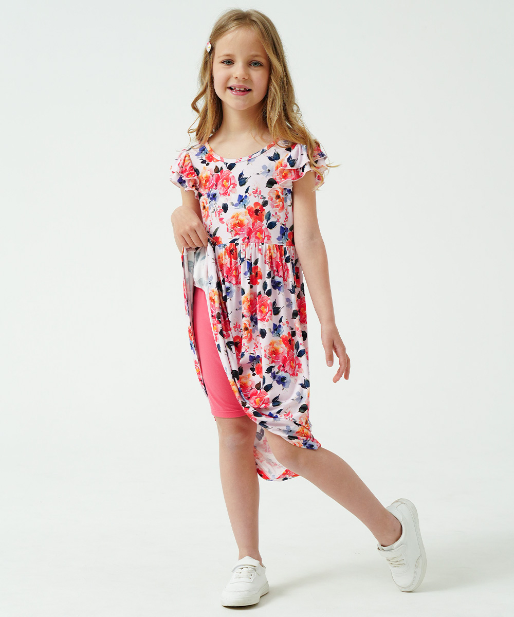 Girls Ruffle Cap Sleeve Casual Midi Bamboo Dress with Shorts