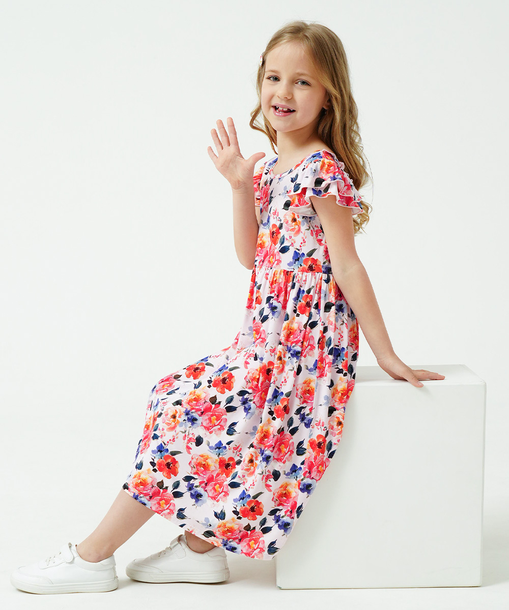 Girls Ruffle Cap Sleeve Casual Midi Bamboo Dress with Shorts