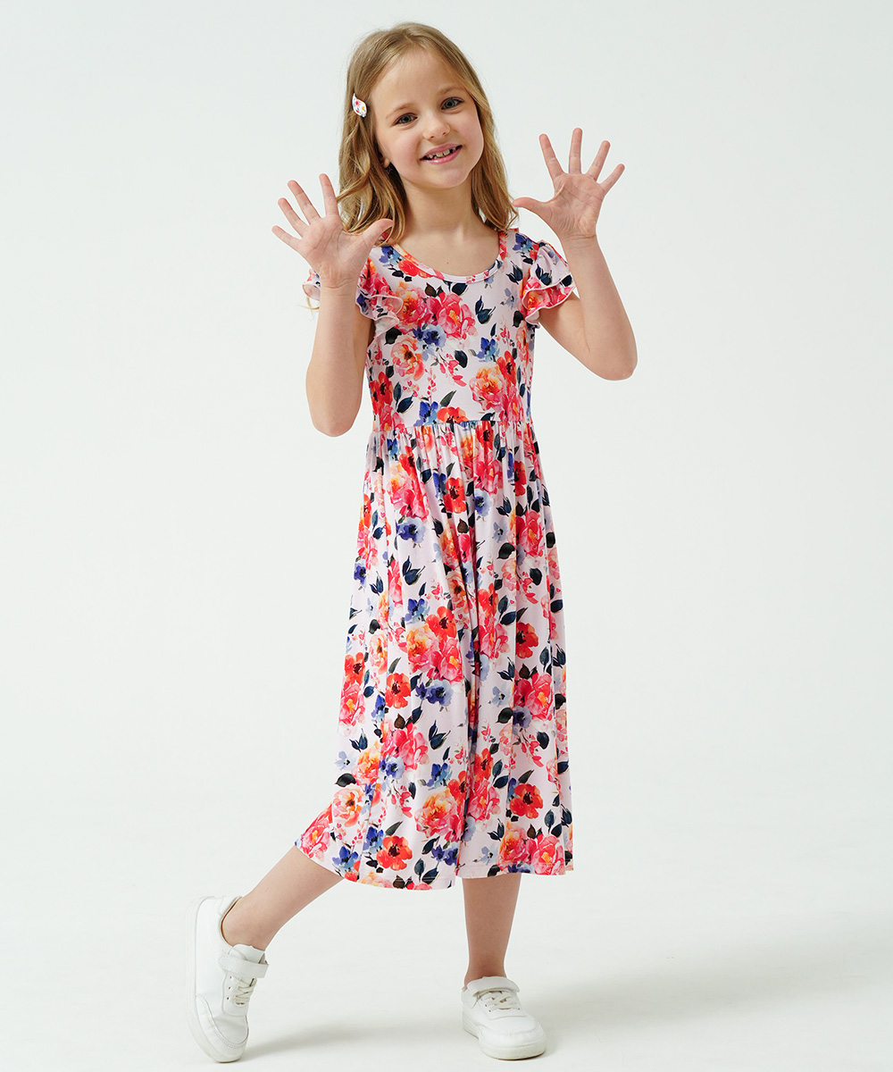 Girls Ruffle Cap Sleeve Casual Midi Bamboo Dress with Shorts