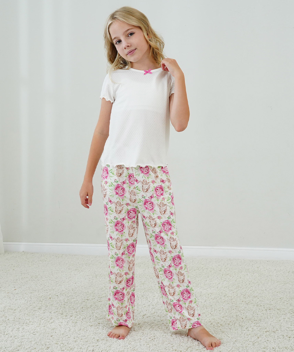 4T-12Y Girls' Short Sleeve Top and Wide Leg Pants Bamboo Pajama Sets