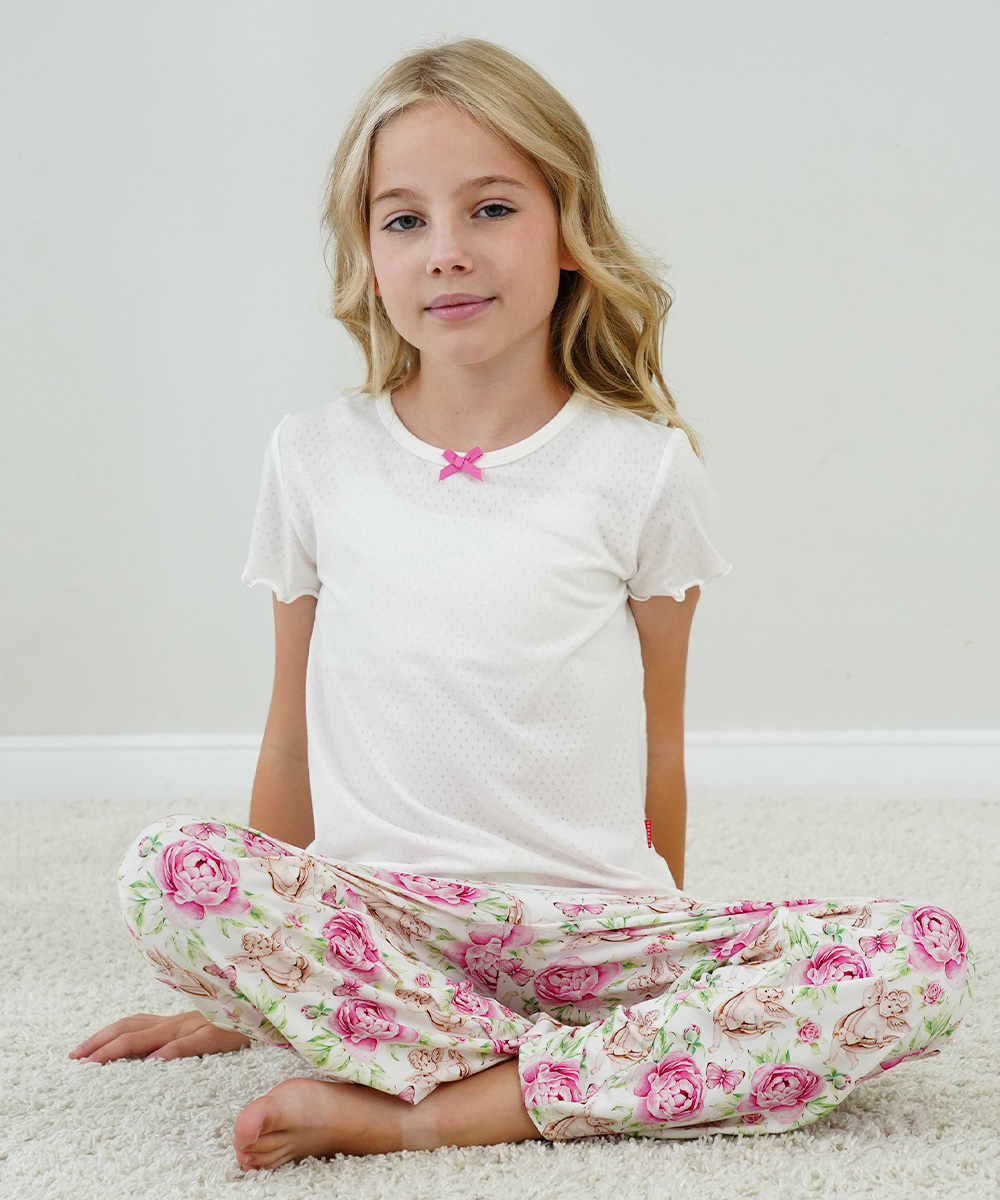 4T-12Y Girls' Short Sleeve Top and Wide Leg Pants Bamboo Pajama Sets