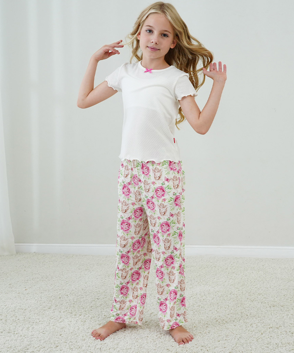 4T-12Y Girls' Short Sleeve Top and Wide Leg Pants Bamboo Pajama Sets