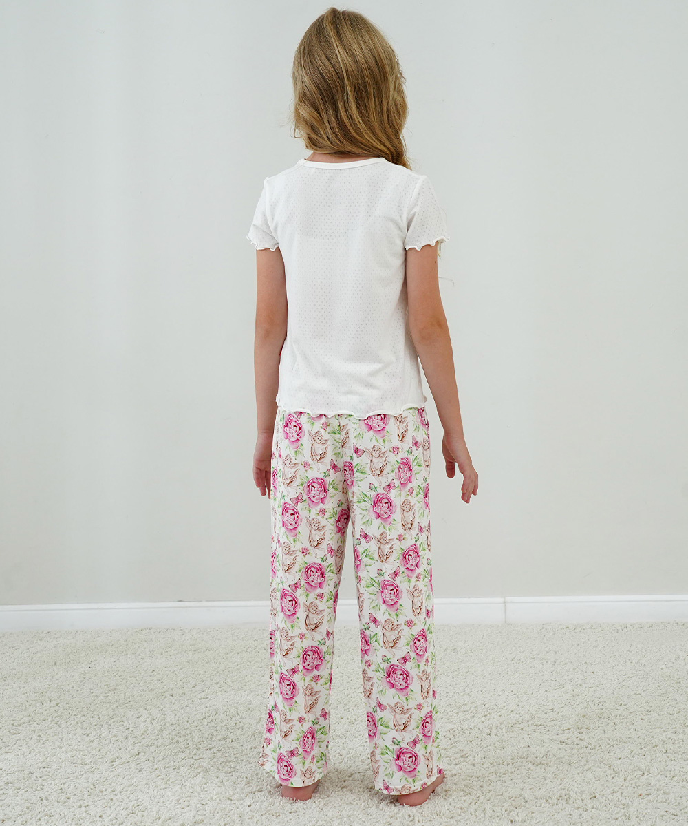 4T-12Y Girls' Short Sleeve Top and Wide Leg Pants Bamboo Pajama Sets