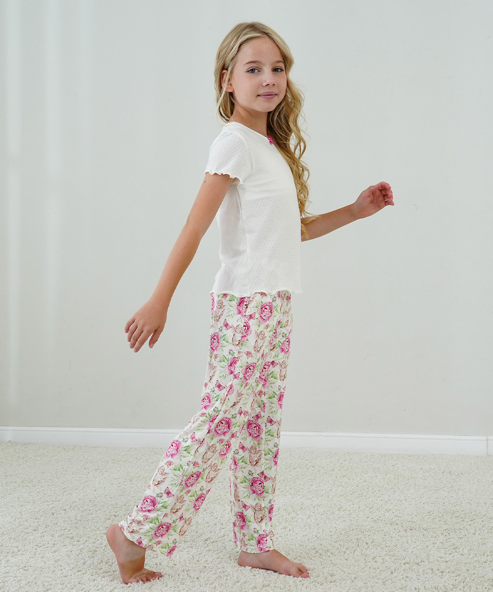 4T-12Y Girls' Short Sleeve Top and Wide Leg Pants Bamboo Pajama Sets