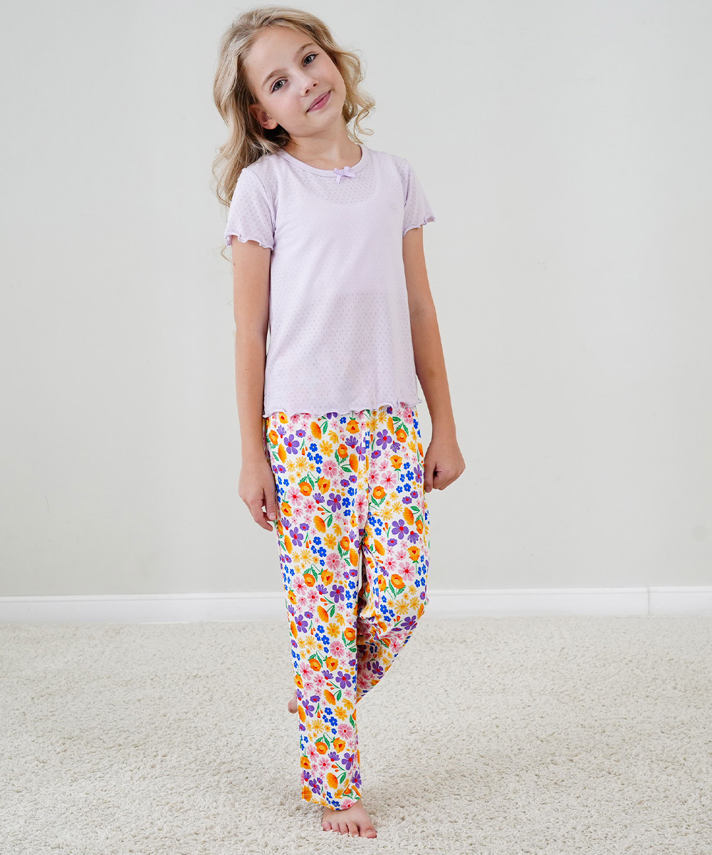 4T-12Y Girls' Short Sleeve Top and Wide Leg Pants Bamboo Pajama Sets
