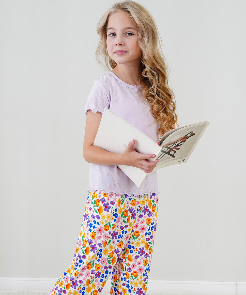 4T-12Y Girls' Short Sleeve Top and Wide Leg Pants Bamboo Pajama Sets