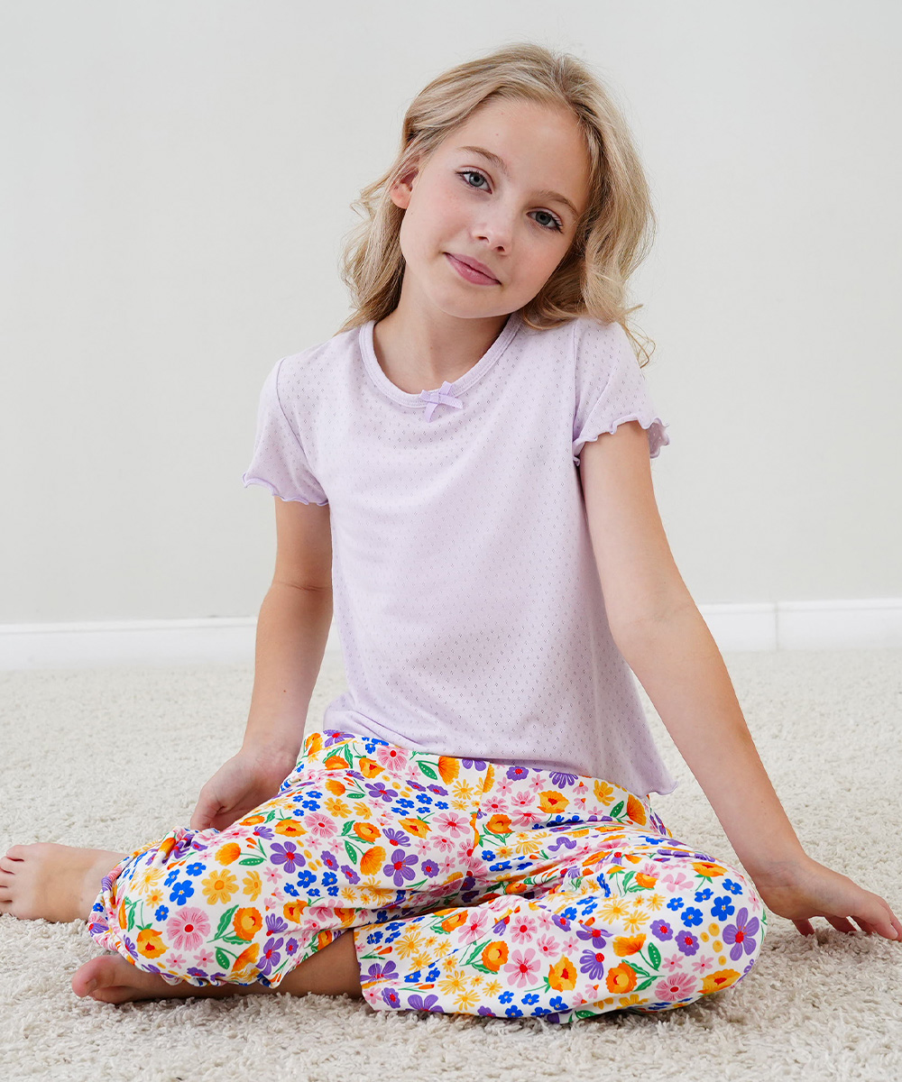 4T-12Y Girls' Short Sleeve Top and Wide Leg Pants Bamboo Pajama Sets