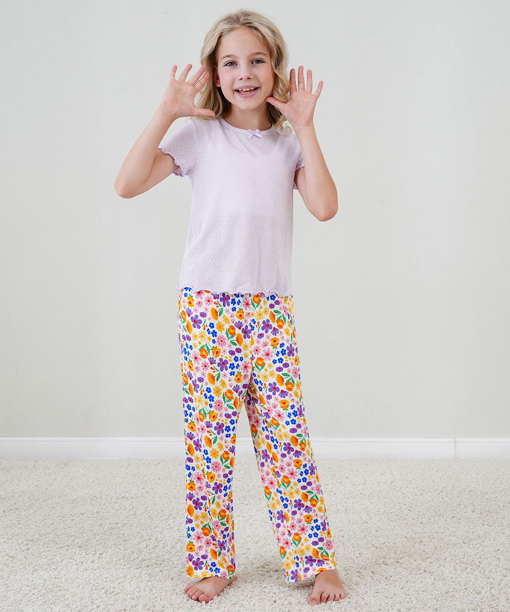 4T-12Y Girls' Short Sleeve Top and Wide Leg Pants Bamboo Pajama Sets