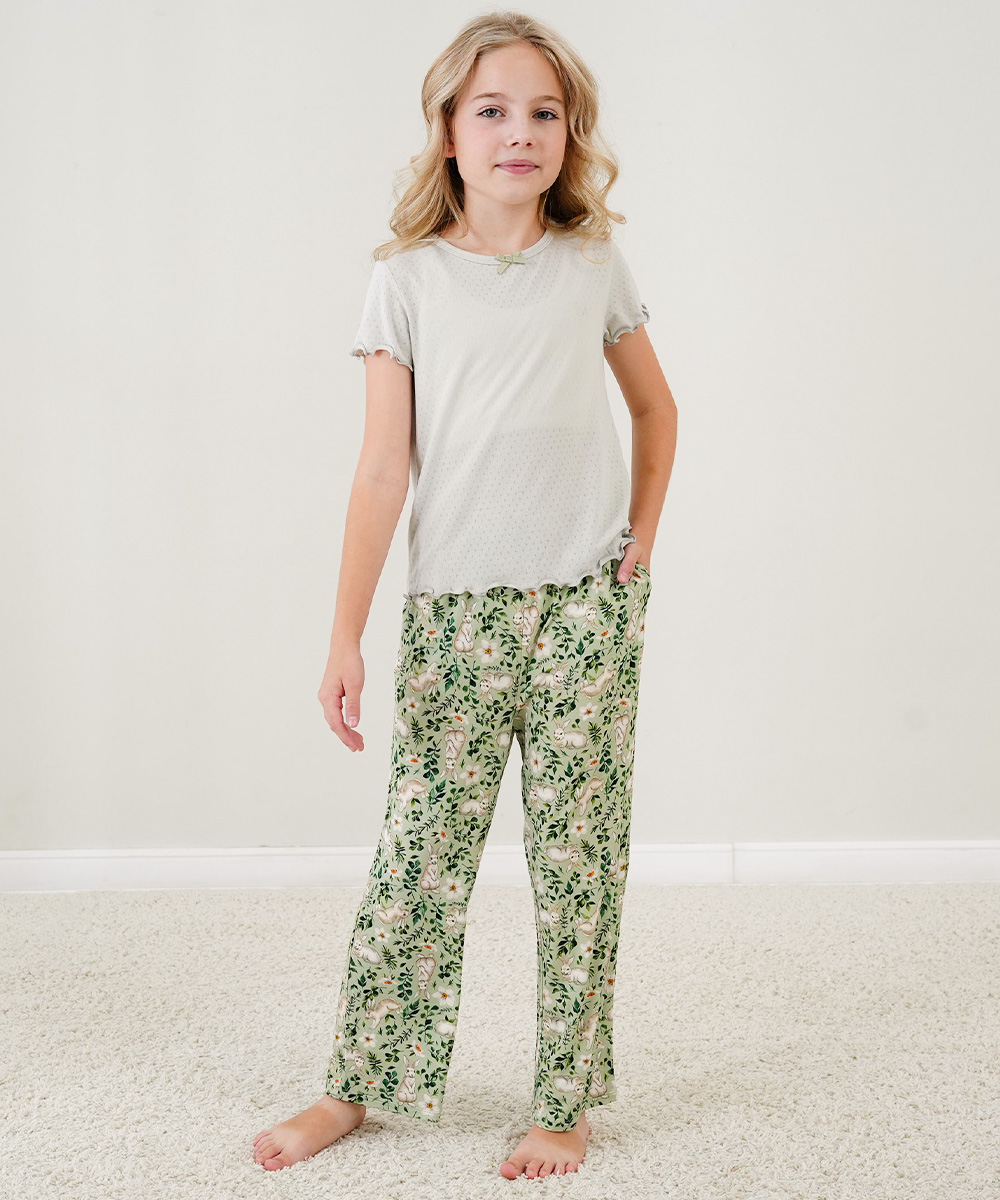 4T-12Y Girls' Short Sleeve Top and Wide Leg Pants Bamboo Pajama Sets