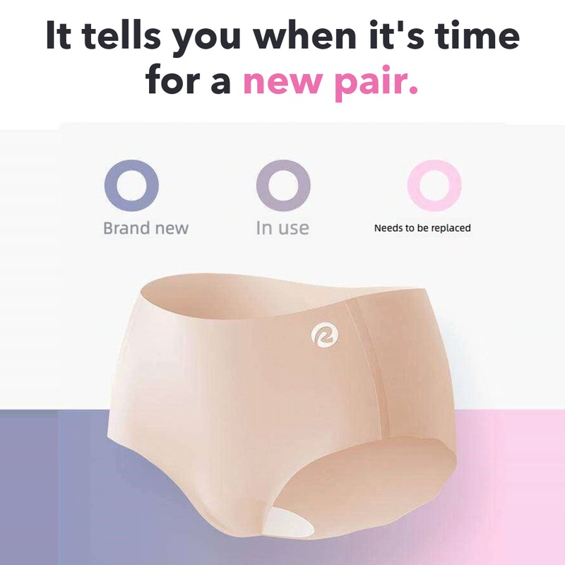 Beige seamless panty with color-change indicator showing brand new, in use, and needs replacement stages