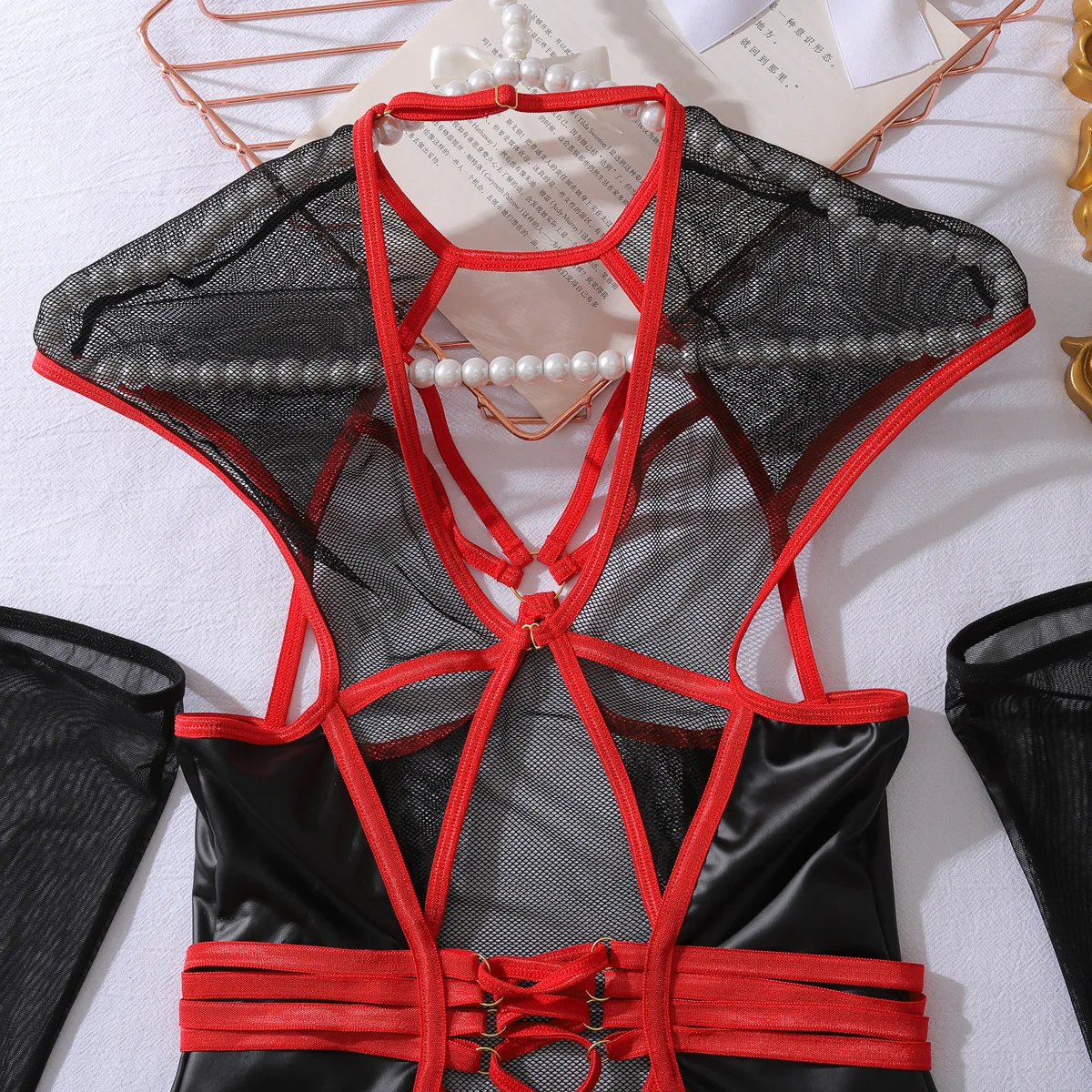 Women's 3-Piece Fetish Lingerie Set with Gloves Sheer Fishnet PU Leather Open-Cup Dress Gothic Vampire Lingerie Cosplay Costume