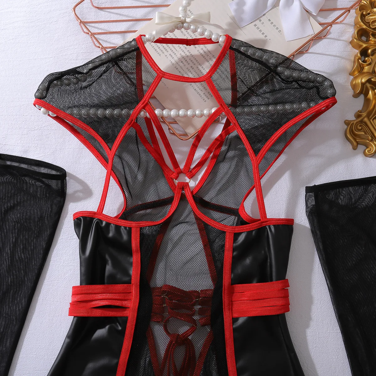 Women's 3-Piece Fetish Lingerie Set with Gloves Sheer Fishnet PU Leather Open-Cup Dress Gothic Vampire Lingerie Cosplay Costume