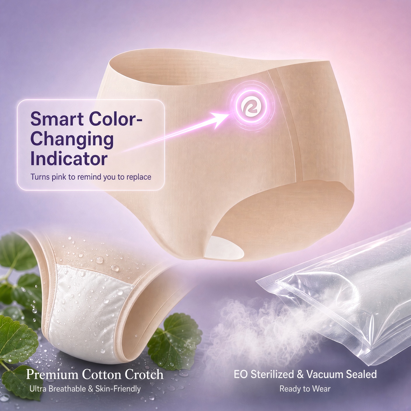 Beige seamless panty with smart color-changing indicator and premium cotton crotch, vacuum sealed