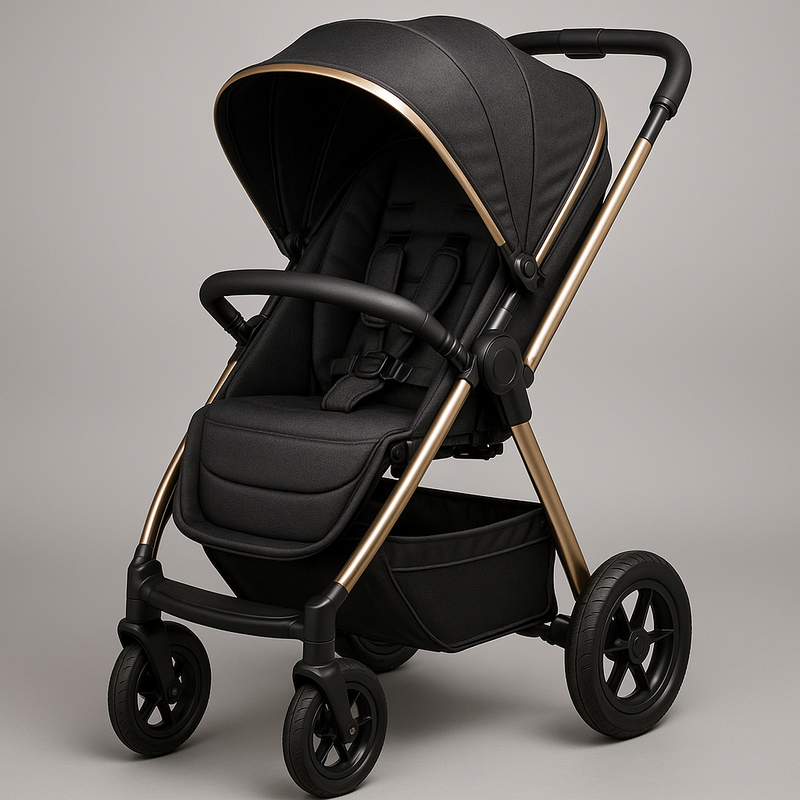Cochecito Infantil Plegable Negro Estructura Dorada Comodidad Ajustable Tela Resistente Uso Urbano