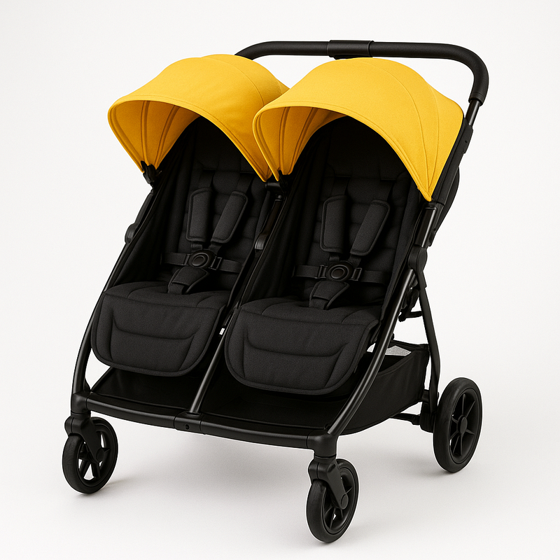 Cochecito Doble Infantil Ajustable Asientos Amarillo/Negro Compacto Seguridad Estructura Duradera