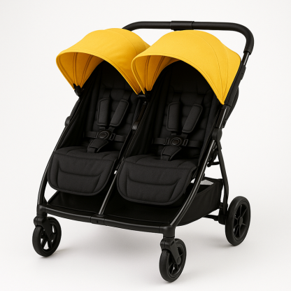 Cochecito Doble Infantil Ajustable Asientos Amarillo/Negro Compacto Seguridad Estructura Duradera