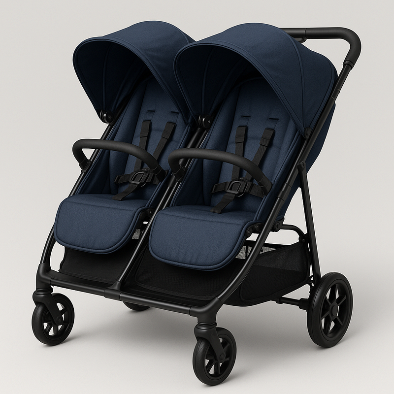 Carrito Gemelar Azul Oscuro Silla de Paseo Ajustable Compacto con Ruedas Giratorias Cinturón de Seguridad