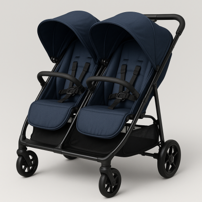 Carrito Gemelar Azul Oscuro Silla de Paseo Ajustable Compacto con Ruedas Giratorias Cinturón de Seguridad
