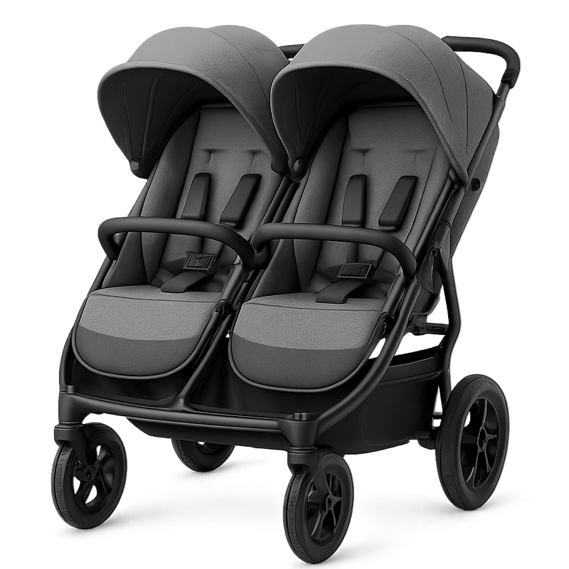 Carrito Doble Niños Gris Silla Paseo Ajustable Estructura Duradera Seguridad