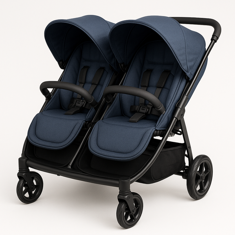 Cochecito Gemelar Azul Oscuro Asientos Ajustables Ligero Seguridad Infantil