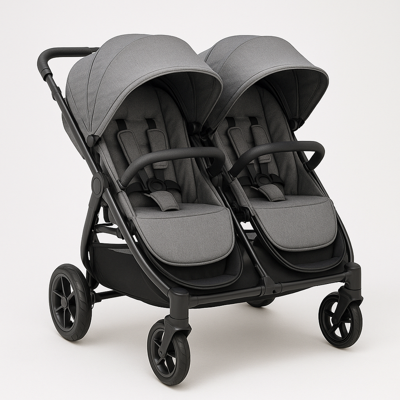 Carrito Doble para Bebés Gris Estructura Duradera Asientos Ajustables Diseño Compacto Seguridad Avanzada