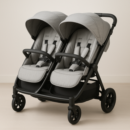 Cochecito Doble Gris Claro Sillas de Paseo Ajustables Estructura Duradera Seguridad Infantil