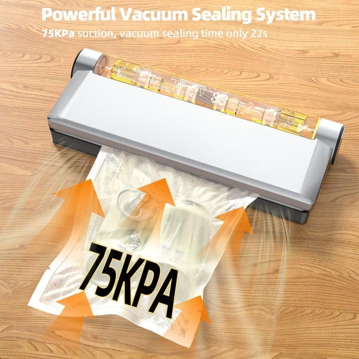 Food Storage Vacuum Sealer Machine, 75KPA Strong Suction, Dry/Wet Modes, 20 Vacuum Seal Bags for Food, Digital Countdown Timer, Compact Lightweight, Ideal for Home Kitchen Use