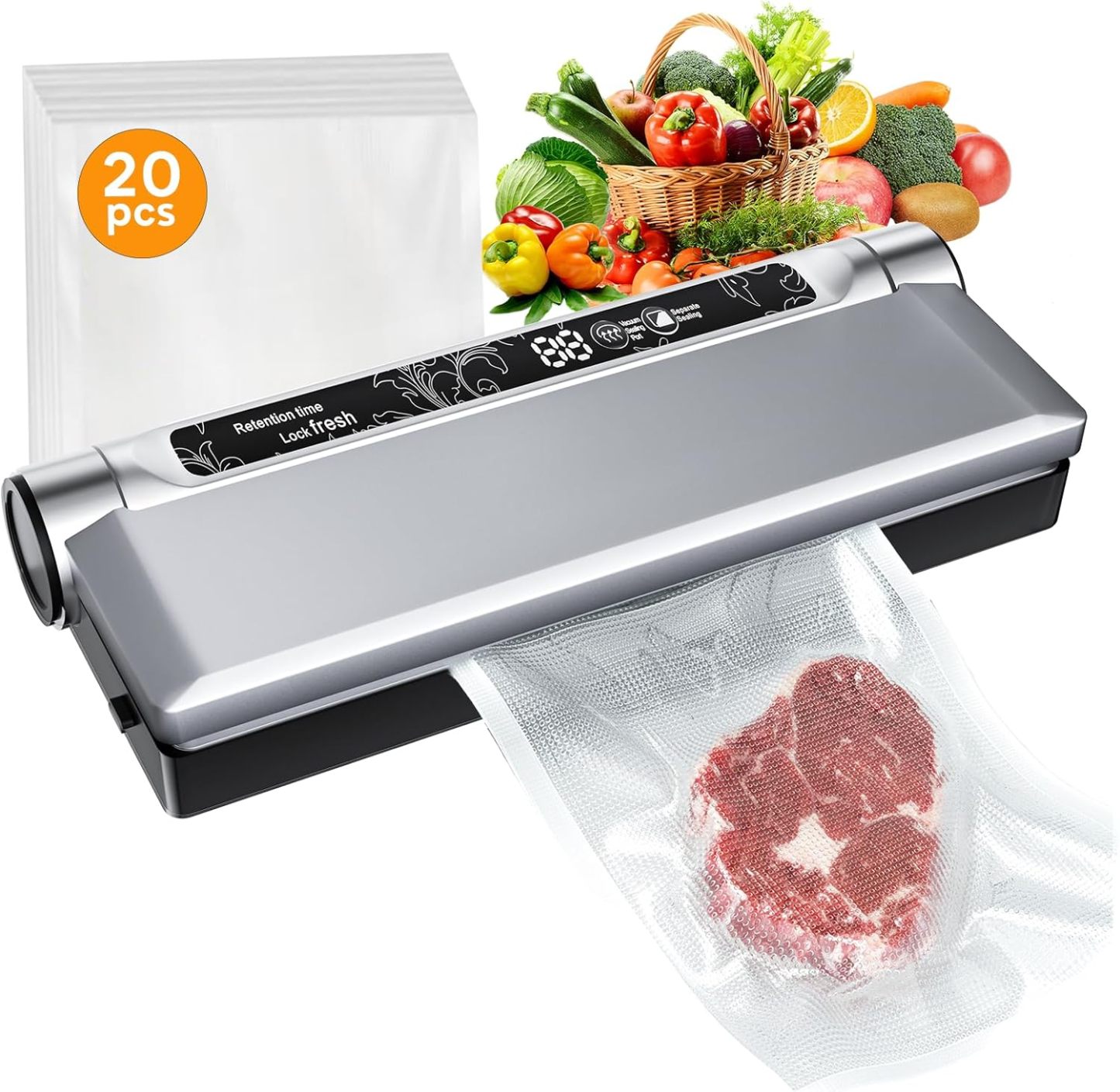 Food Storage Vacuum Sealer Machine, 75KPA Strong Suction, Dry/Wet Modes, 20 Vacuum Seal Bags for Food, Digital Countdown Timer, Compact Lightweight, Ideal for Home Kitchen Use