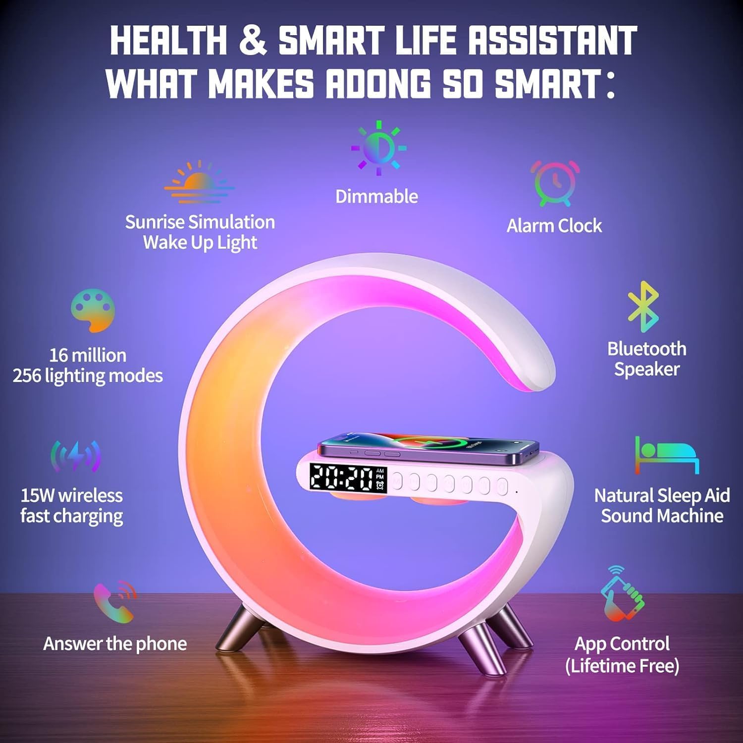 Smart LED Table Lamp, 4-in-1 Wireless Charger, Night Light
