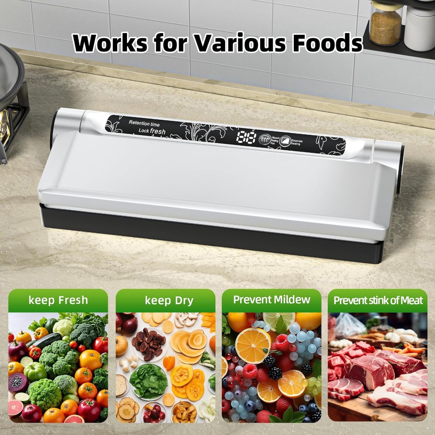 Food Storage Vacuum Sealer Machine, 75KPA Strong Suction, Dry/Wet Modes, 20 Vacuum Seal Bags for Food, Digital Countdown Timer, Compact Lightweight, Ideal for Home Kitchen Use