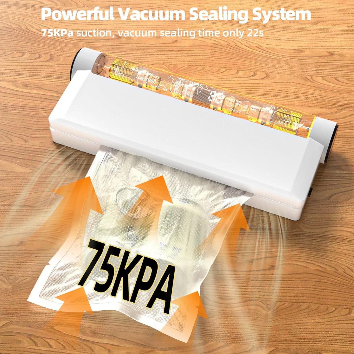 Food Storage Vacuum Sealer Machine, 75KPA Strong Suction, Dry/Wet Modes, 20 Vacuum Seal Bags for Food, Digital Countdown Timer, Compact Lightweight, Ideal for Home Kitchen Use