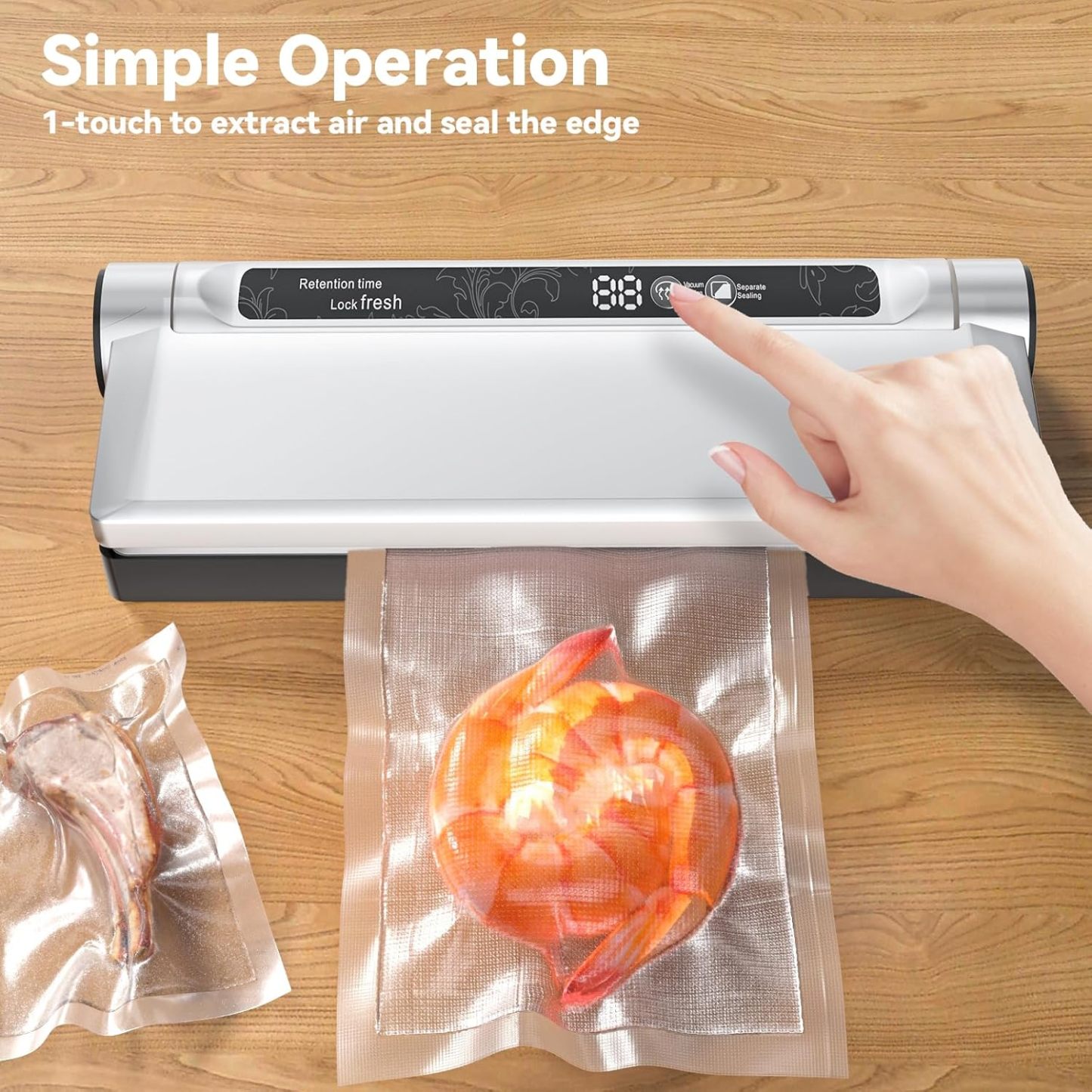 Food Storage Vacuum Sealer Machine, 75KPA Strong Suction, Dry/Wet Modes, 20 Vacuum Seal Bags for Food, Digital Countdown Timer, Compact Lightweight, Ideal for Home Kitchen Use