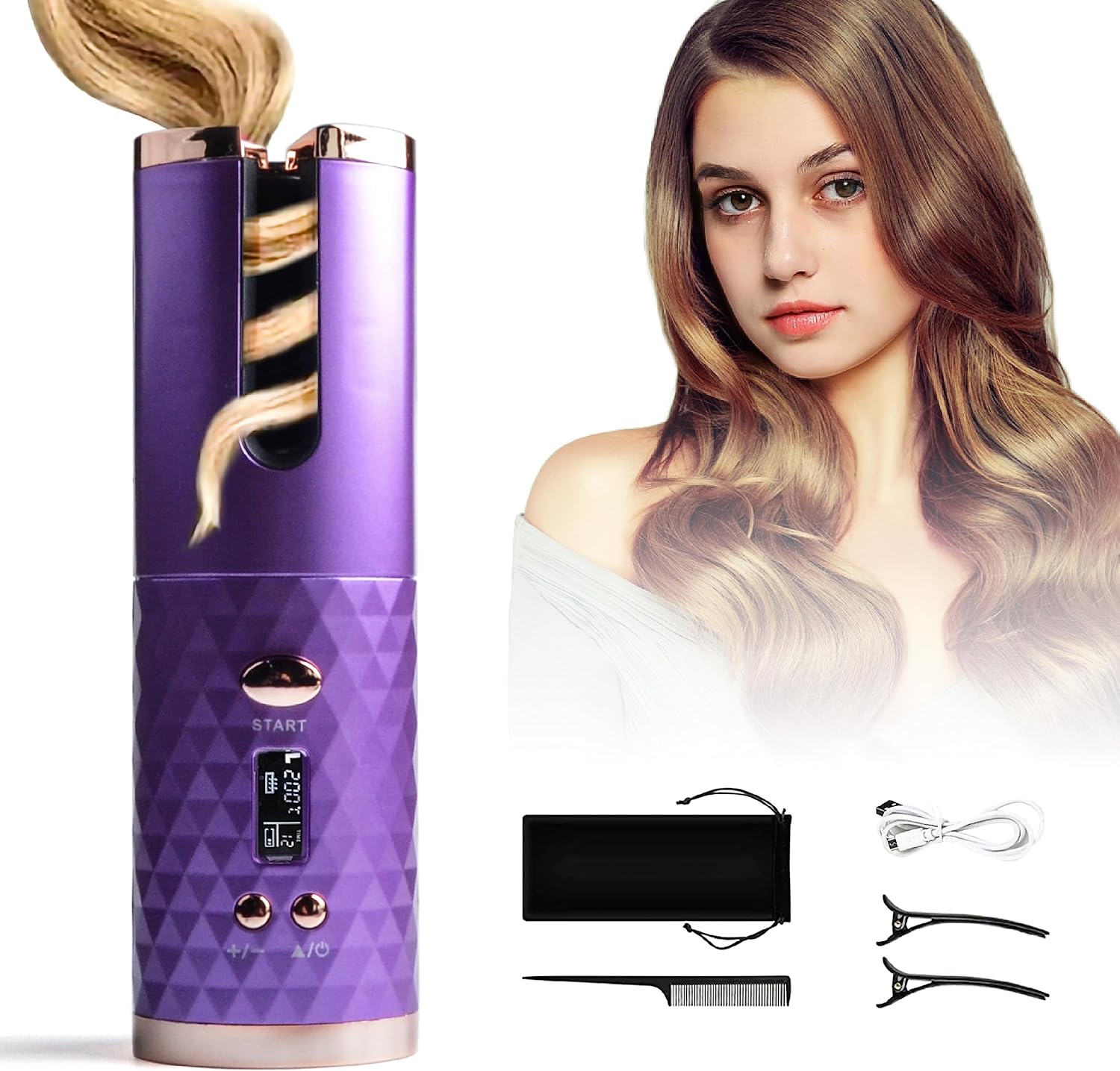 Automatic Curling Iron, Hair Curling Iron for Hair Styling, Cordless Auto Hair Curler, with 6 Temps and Timers, Auto Shut-Off, Fast Heating, Rechargeable Cordless Hair Curler 1 (Gray)