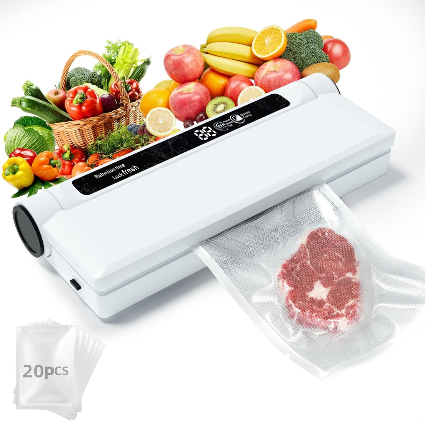 Food Storage Vacuum Sealer Machine, 75KPA Strong Suction, Dry/Wet Modes, 20 Vacuum Seal Bags for Food, Digital Countdown Timer, Compact Lightweight, Ideal for Home Kitchen Use
