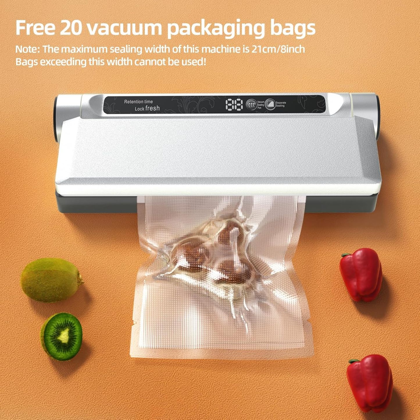 Food Storage Vacuum Sealer Machine, 75KPA Strong Suction, Dry/Wet Modes, 20 Vacuum Seal Bags for Food, Digital Countdown Timer, Compact Lightweight, Ideal for Home Kitchen Use